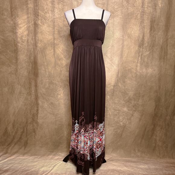 Soma Brown Paisley Hem Empire Waist Maxi Dress Sleeveless Shift Spaghetti Strap - Picture 1 of 11